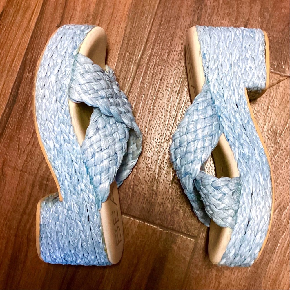 Beach Matisse Sky Blue Woven Raffia Platform Block Heel Slide Sandals Women's 9 - Picture 4 of 8